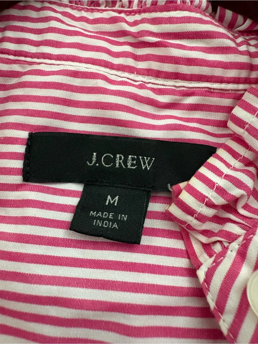 J.Crew Pink White Striped Ruffle Neck Button Down Blouse 100% Cotton M
